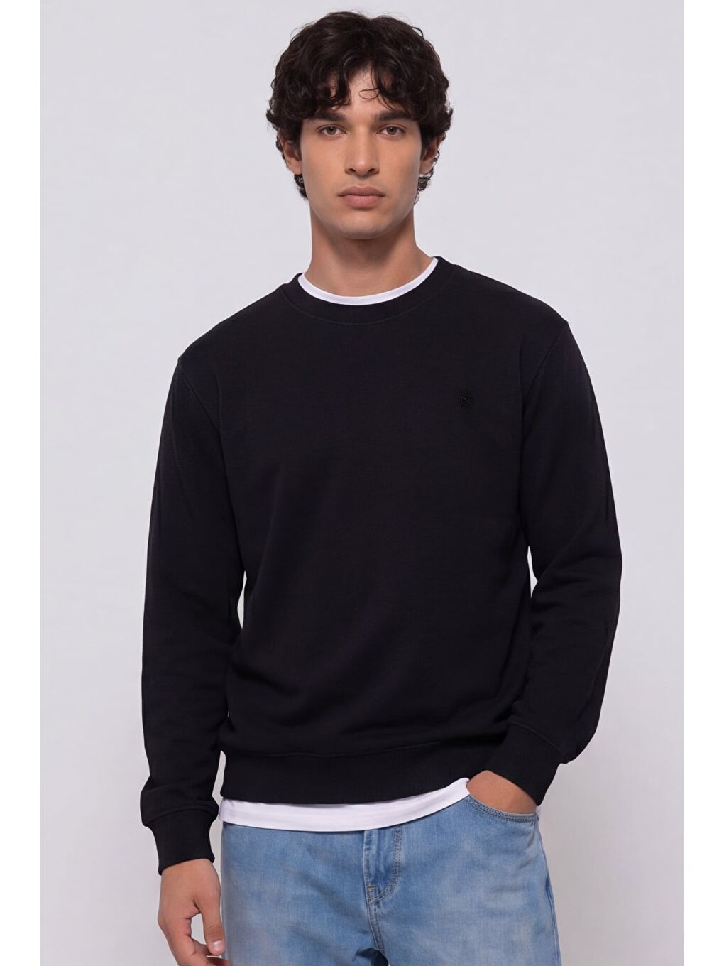 Unisex Siyah Normal Kesim Regular Fit %100 Pamuk Bisiklet Yaka Sweatshirt-1