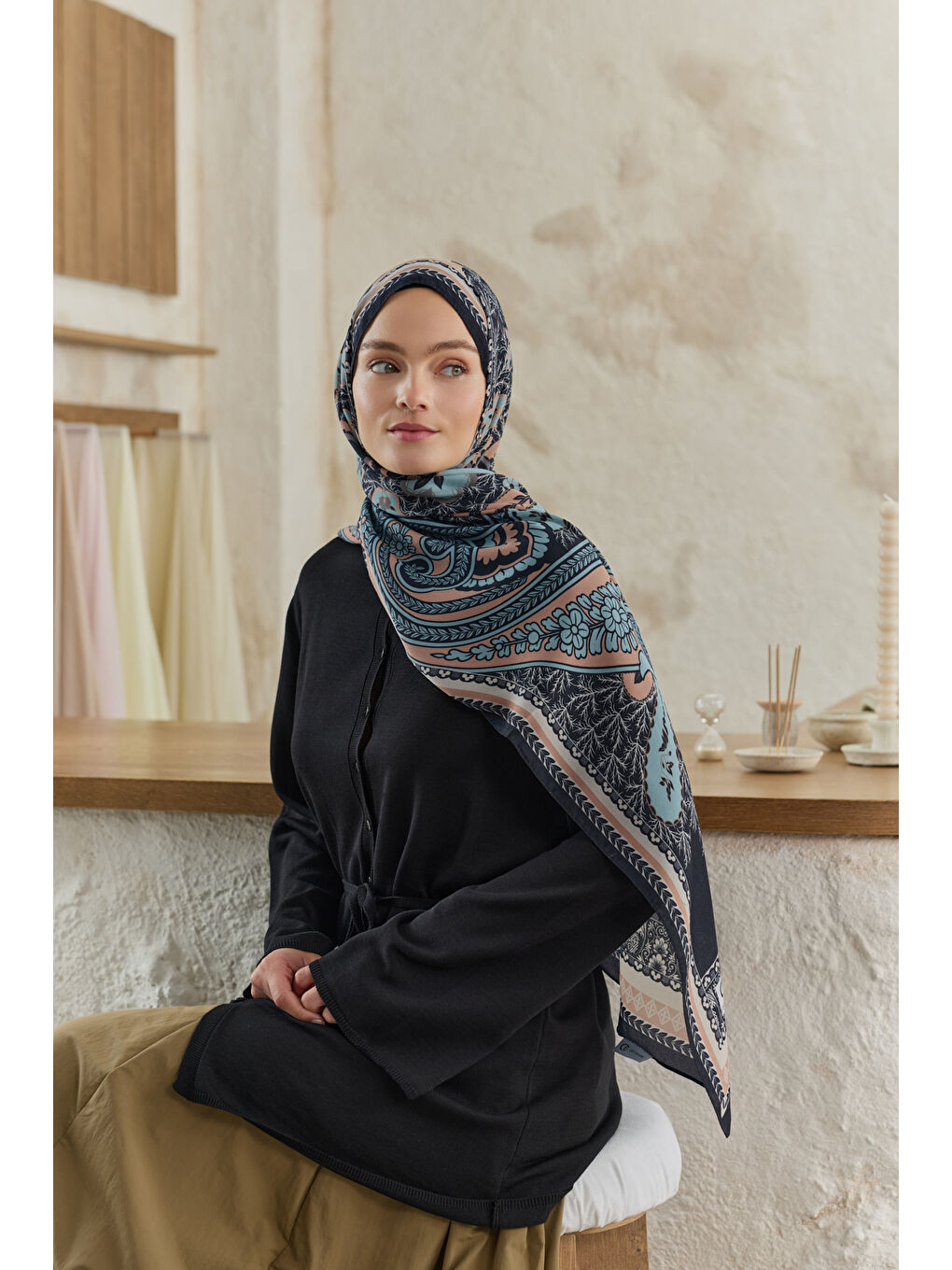 Pembe Cupra Prive Desenli Şal Blossom Somon-2