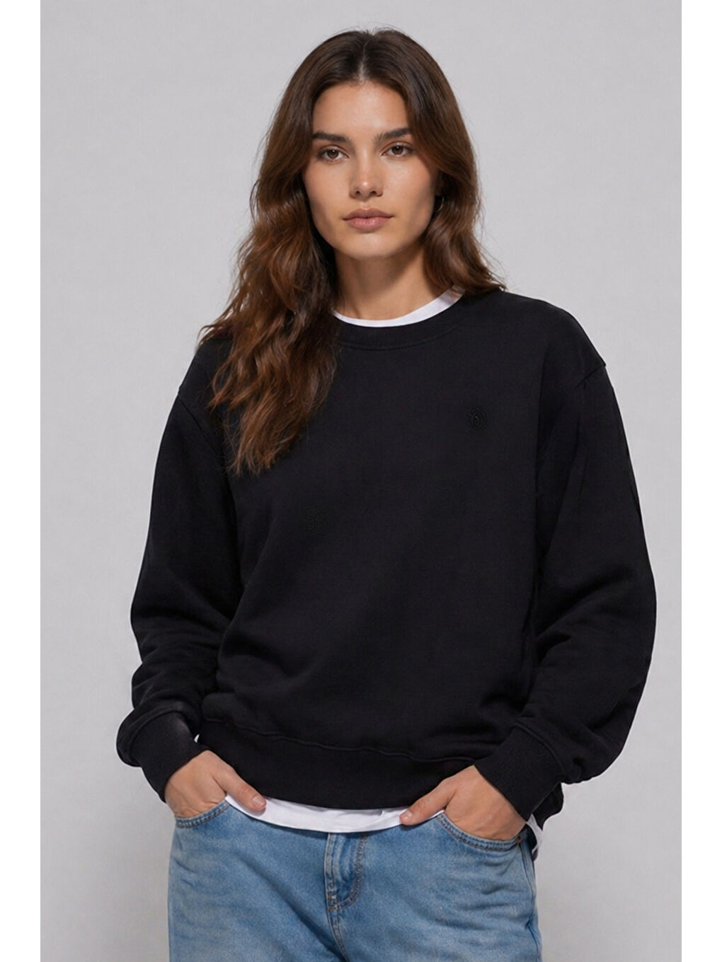 Unisex Siyah Normal Kesim Regular Fit %100 Pamuk Bisiklet Yaka Sweatshirt-2