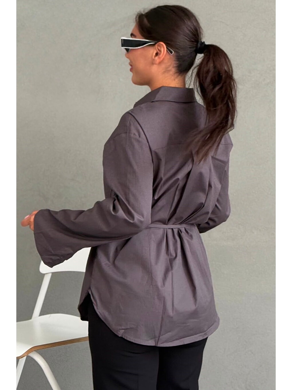 Gri Füme Belden Bağlamalı Oversize Cepli Gömlek Mg2798-2