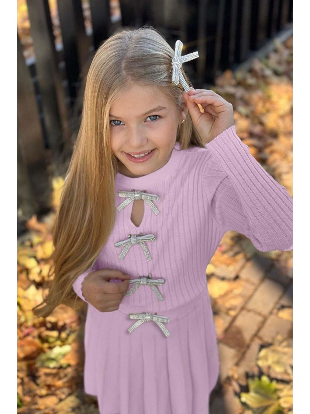 Kız Çocuk Bisiklet Yaka Önden Kurdela Detaylı Kazak Pliseli Triko Pembe Etekli Takım-2