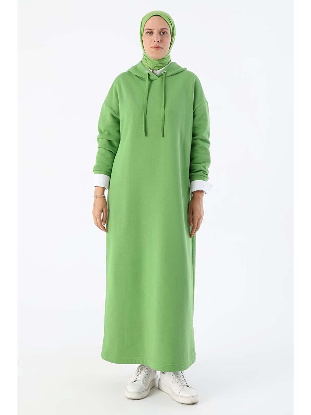Yeşil Kapüşonlu Basic Elbise-1