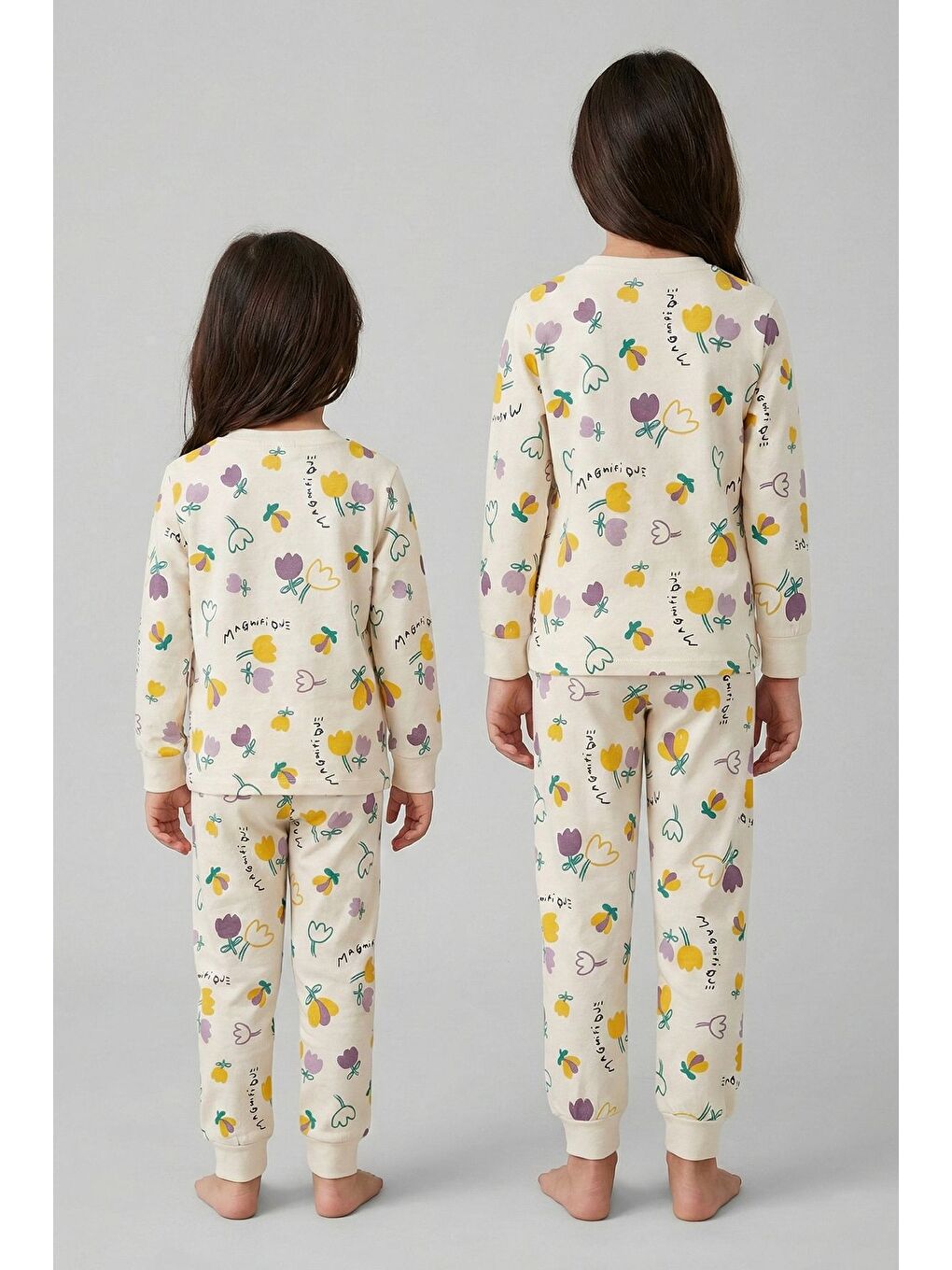 Ekru Magnifi Ove Yazılı Lale Baskılı Kız Çocuk Pijama Takımı-7