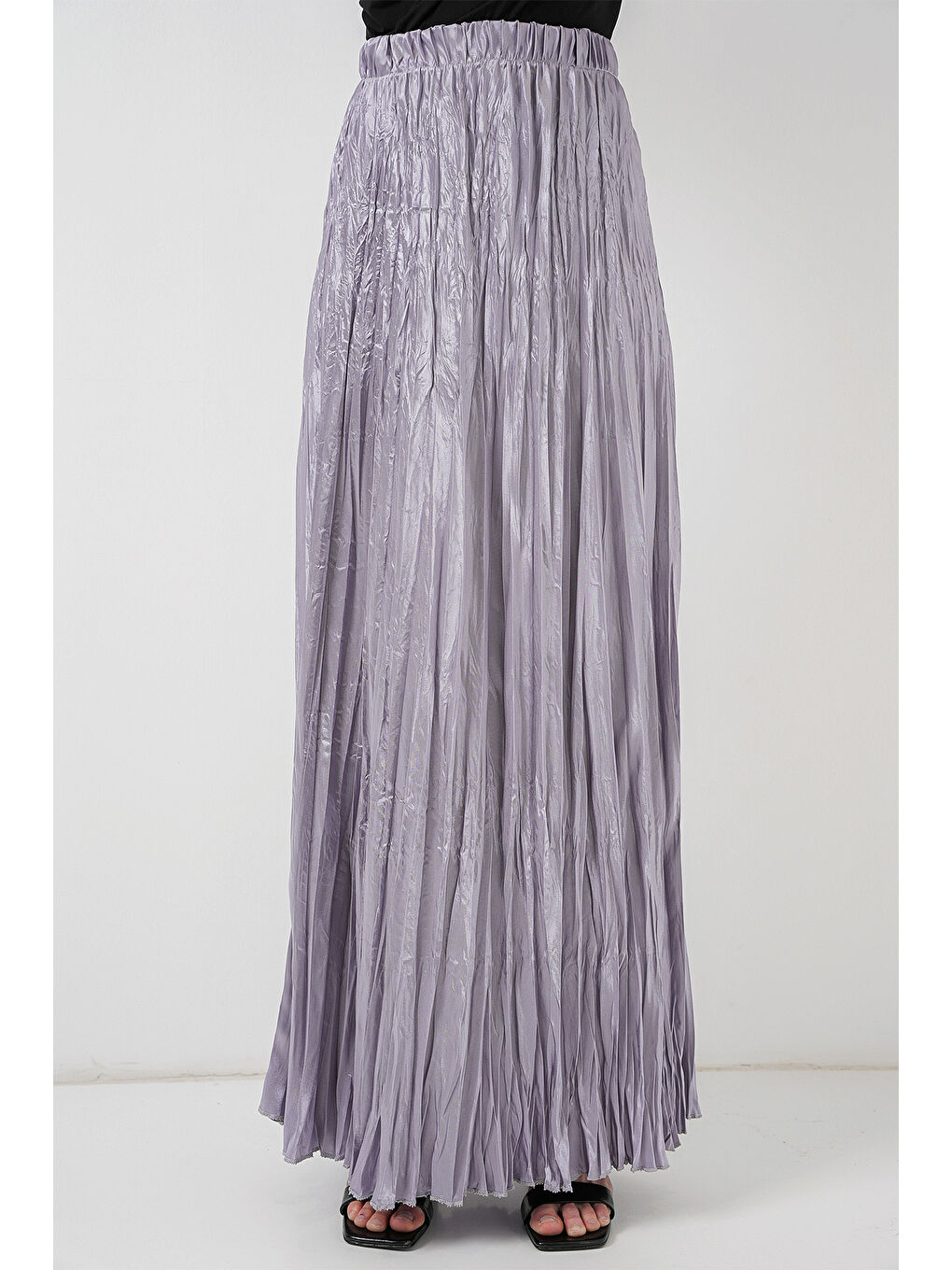 Kadın Uzun Kırışık Parlak Etek 8034 - Gri-1