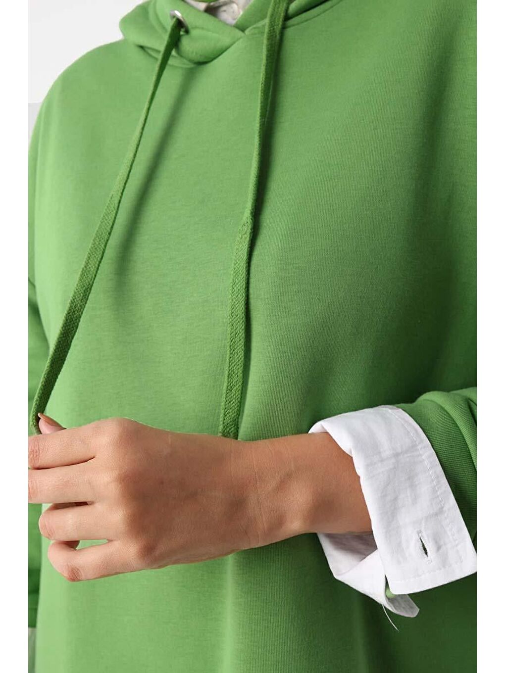 Yeşil Kapüşonlu Basic Elbise-4