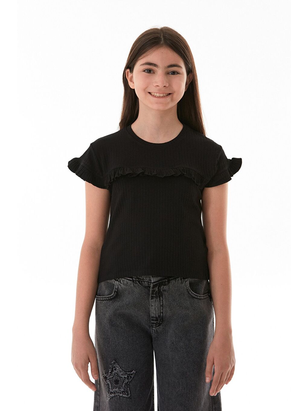 Siyah Fitilli Önü Fırfırlı Elastanlı Kız Çocuk Body