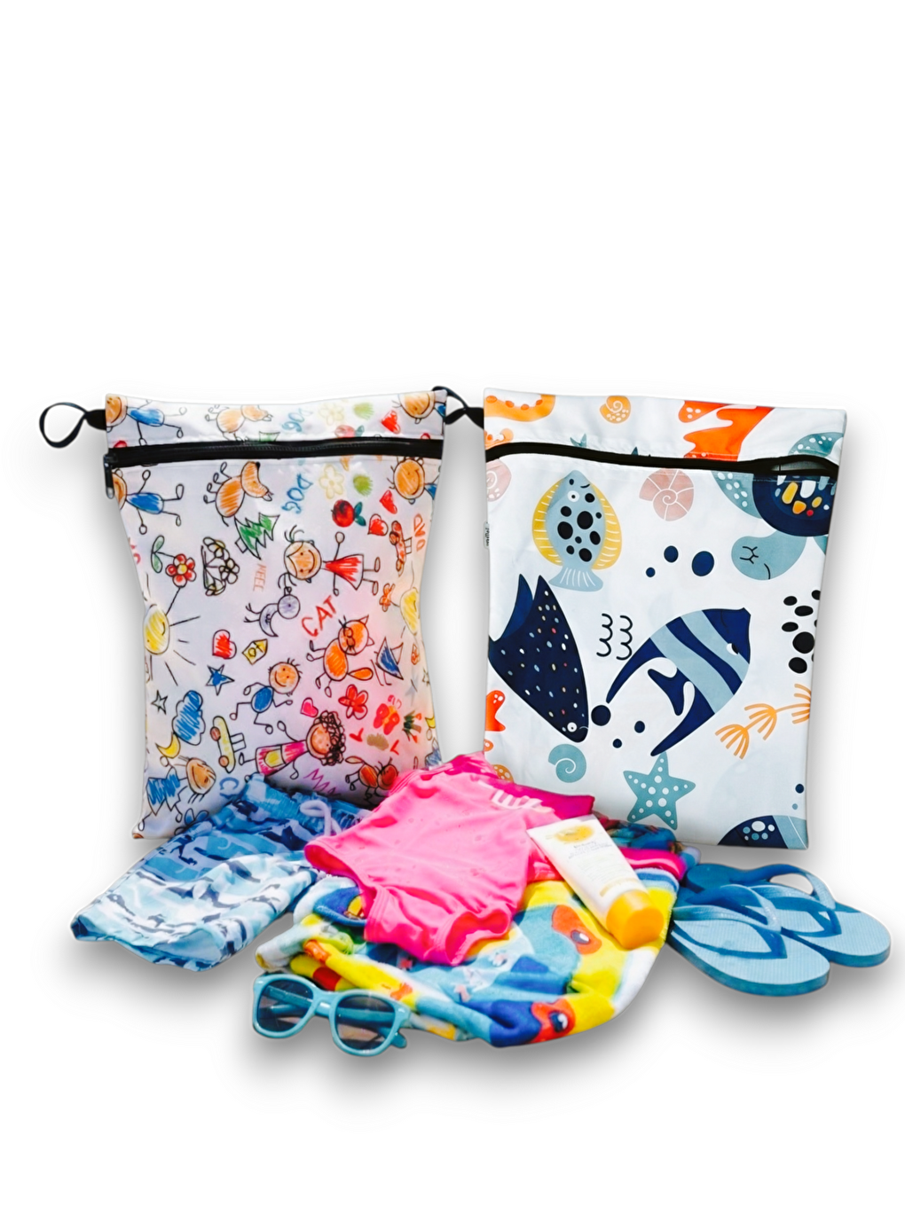 Gri 2 Adet, 35x30 cm, Ocean ve Family Desen Sıvı Geçirmeyen Çok Amaçlı Çanta, Makinede Yıkanabilir