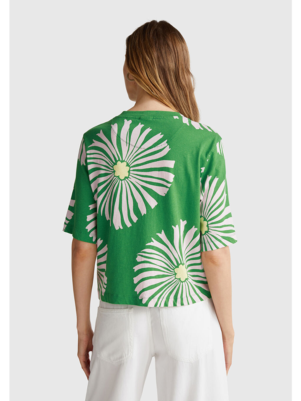 Kadın Yeşil Keten Karışımlı Boxy Fit Çiçek Desenli T-Shirt-2