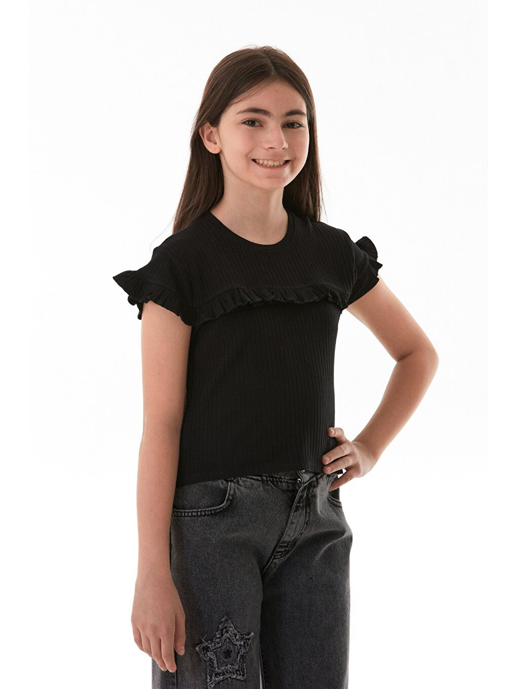 Siyah Fitilli Önü Fırfırlı Elastanlı Kız Çocuk Body-2