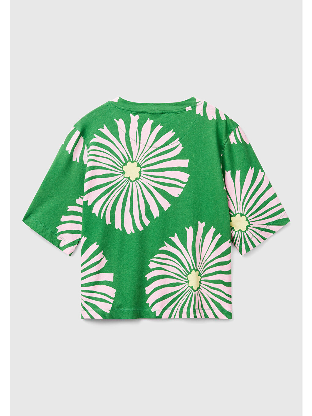 Kadın Yeşil Keten Karışımlı Boxy Fit Çiçek Desenli T-Shirt-3