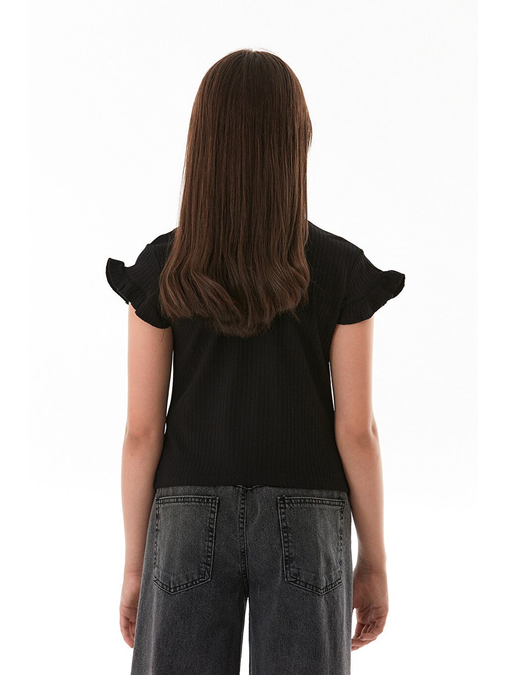 Siyah Fitilli Önü Fırfırlı Elastanlı Kız Çocuk Body-3