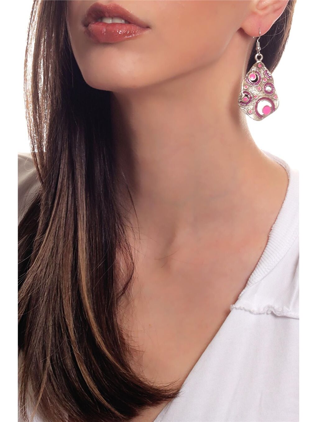 Kadın Antik Gümüş Kaplama Sallantılı Model Fuşya Renk Mineli Bohem Küpe-1