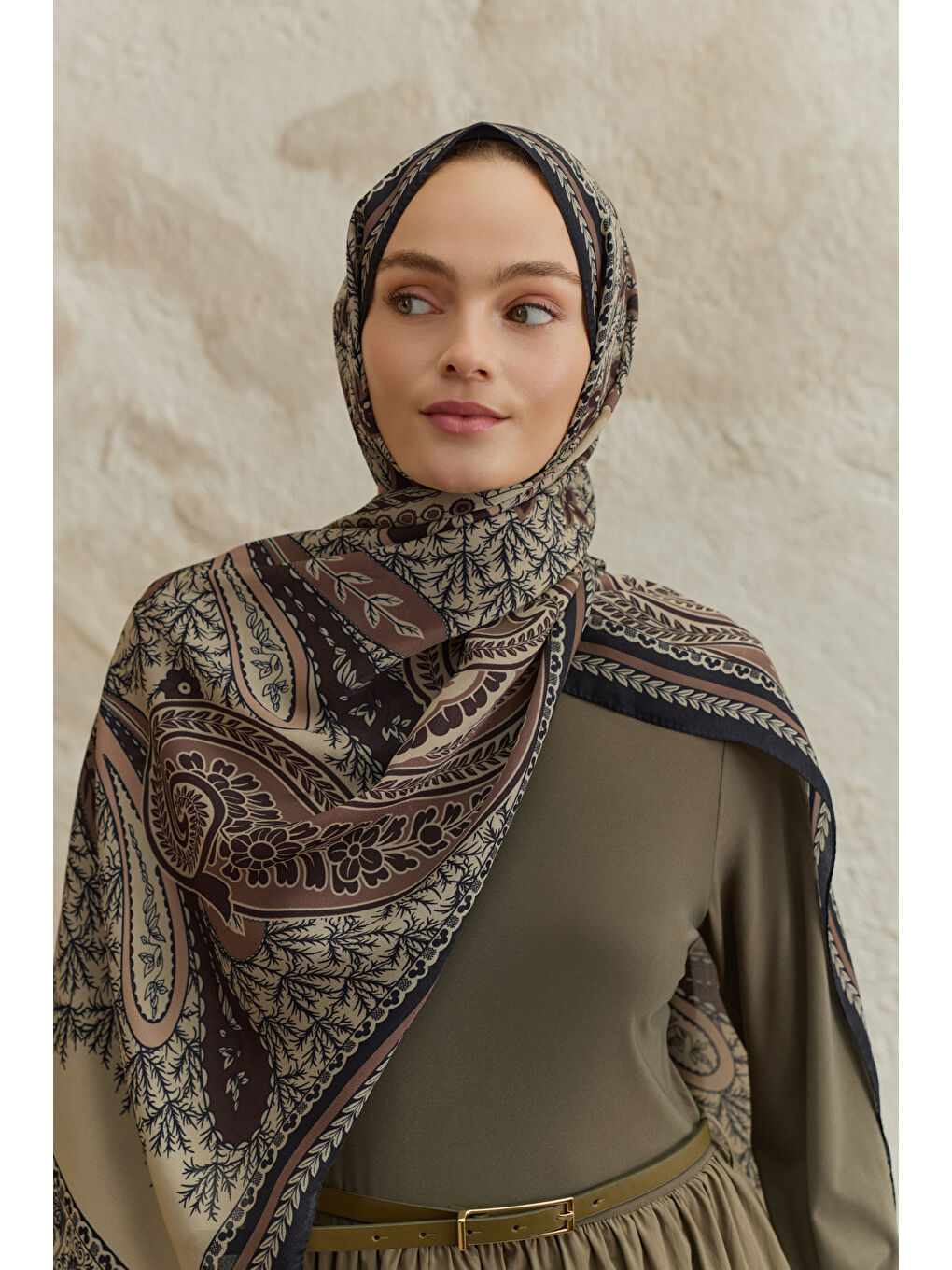 Bej Cupra Prive Desenli Şal Blossom Vizon-1