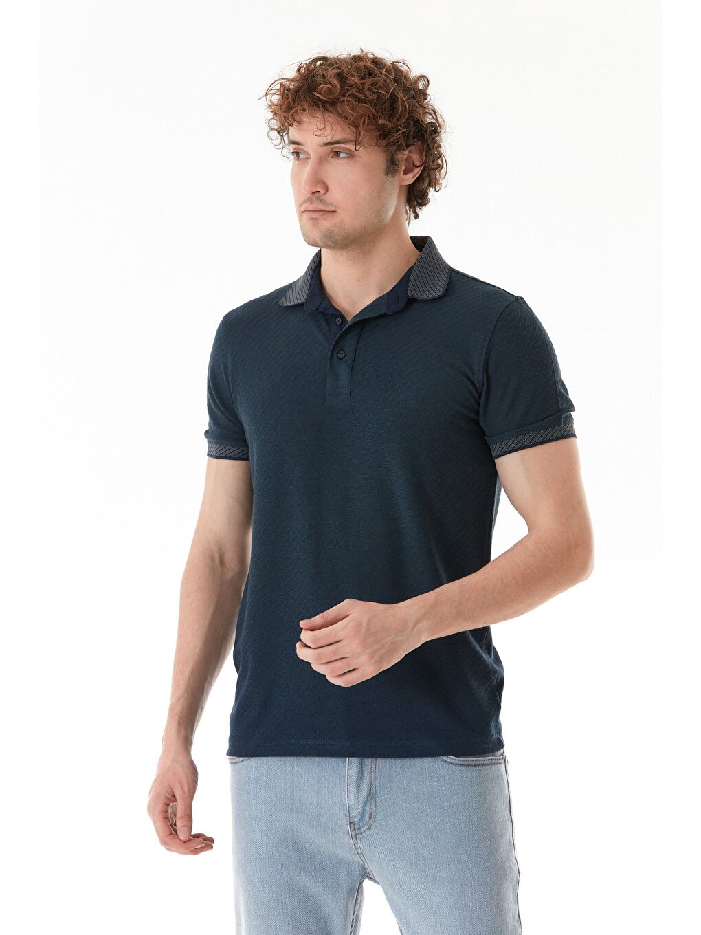 Lacivert Desenli Slim Fit Polo Yaka Tişört-1