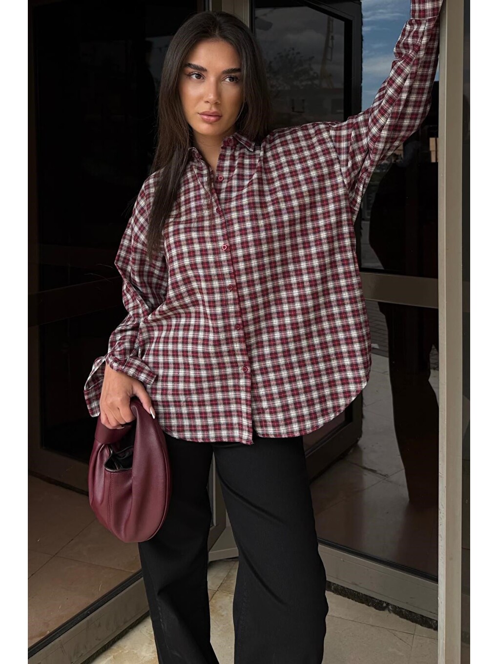 Kırmızı Oversize Kareli Kadın Gömlek Mg2822-1