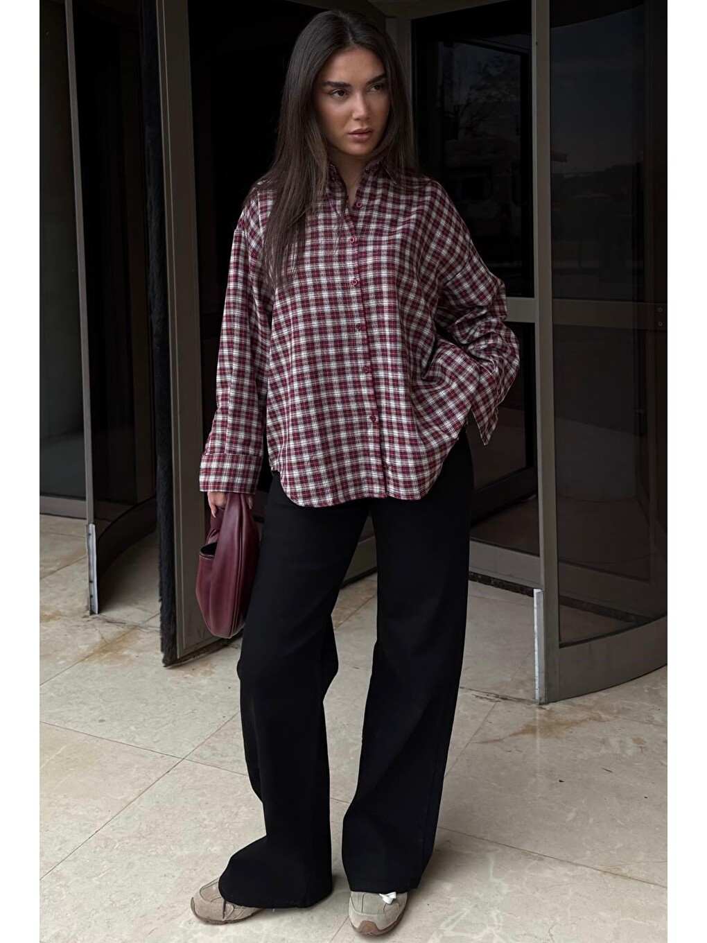 Kırmızı Oversize Kareli Kadın Gömlek Mg2822-2