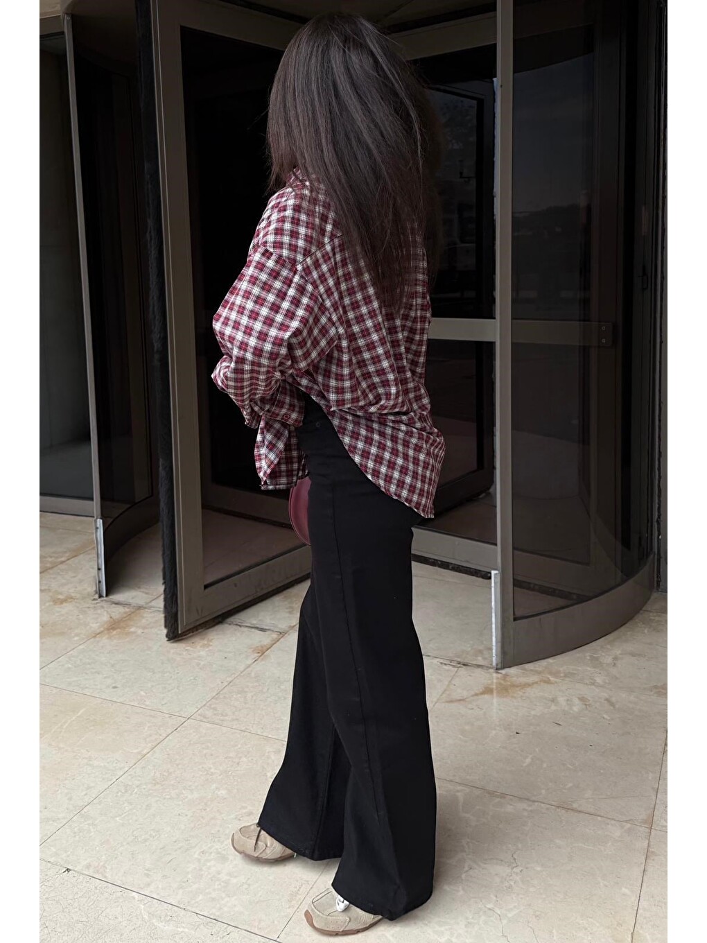 Kırmızı Oversize Kareli Kadın Gömlek Mg2822-3