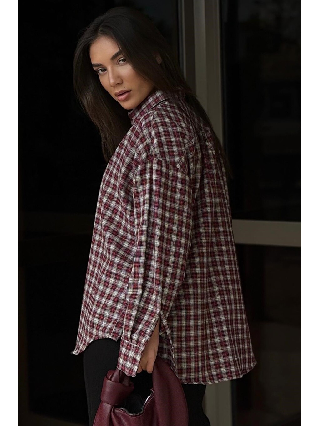 Kırmızı Oversize Kareli Kadın Gömlek Mg2822-4