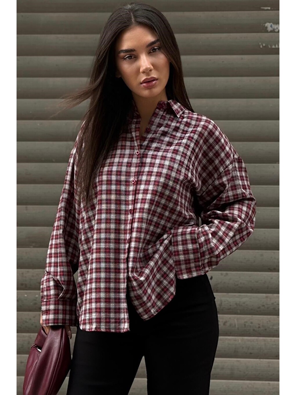 Kırmızı Oversize Kareli Kadın Gömlek Mg2822-5