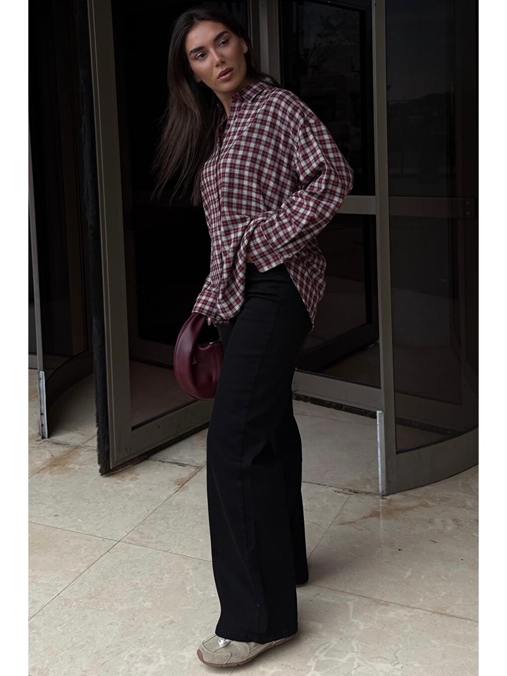 Kırmızı Oversize Kareli Kadın Gömlek Mg2822-6