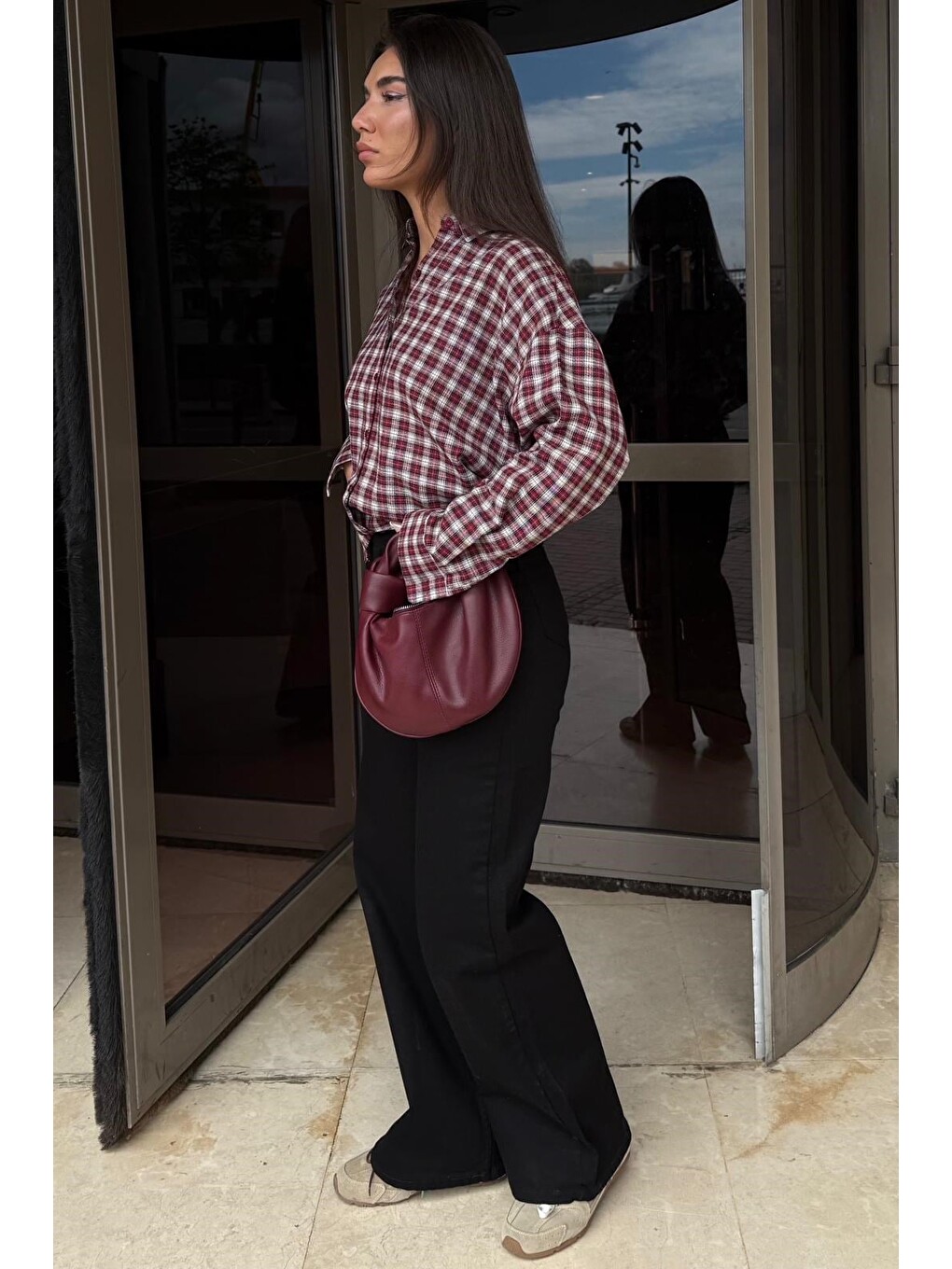Kırmızı Oversize Kareli Kadın Gömlek Mg2822-7