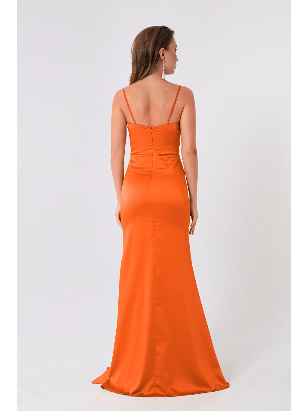 Kadın Turuncu Askılı Uzun Saten Abiye Elbise & Mezuniyet Elbisesi-4