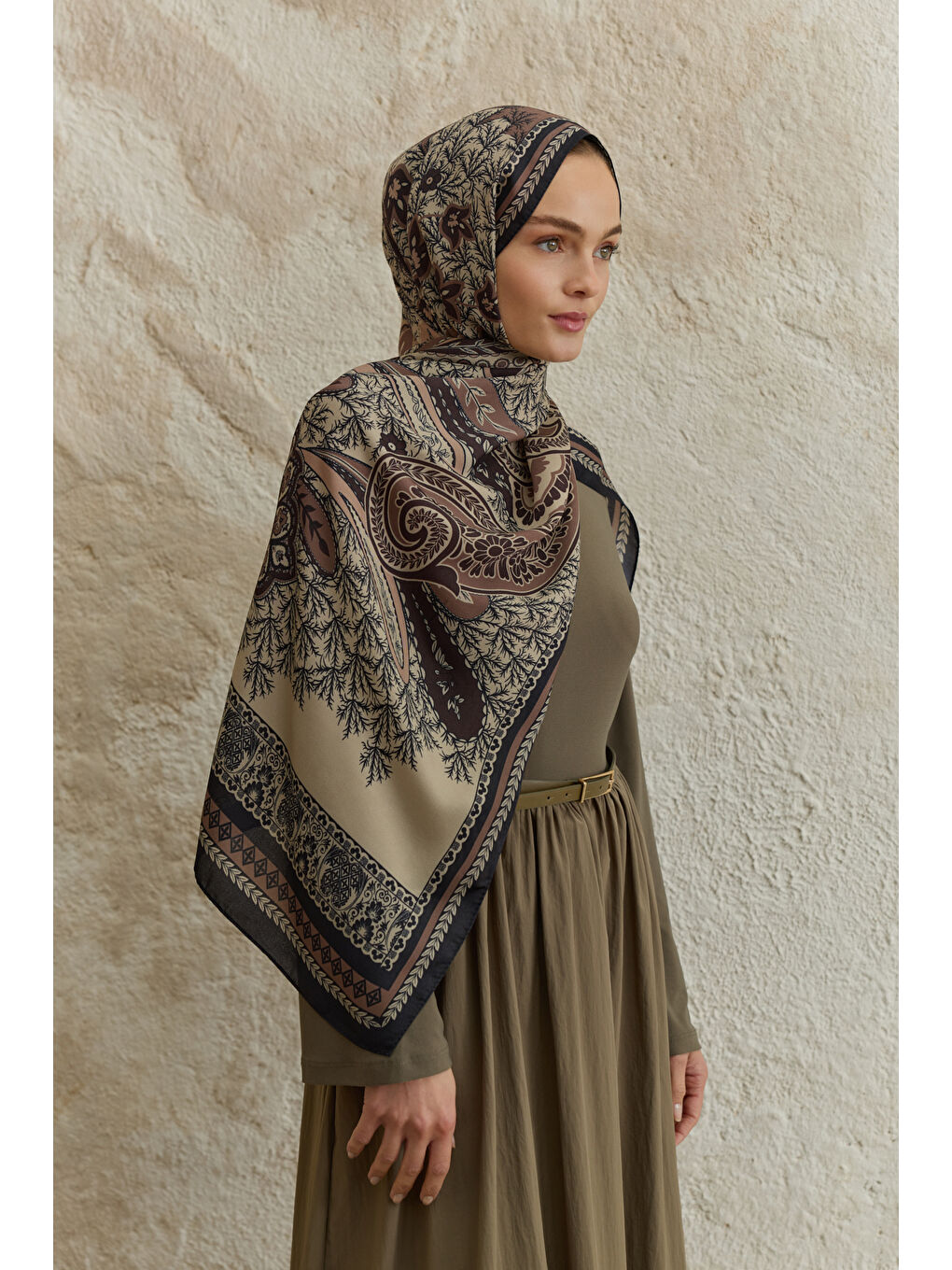 Bej Cupra Prive Desenli Şal Blossom Vizon-2