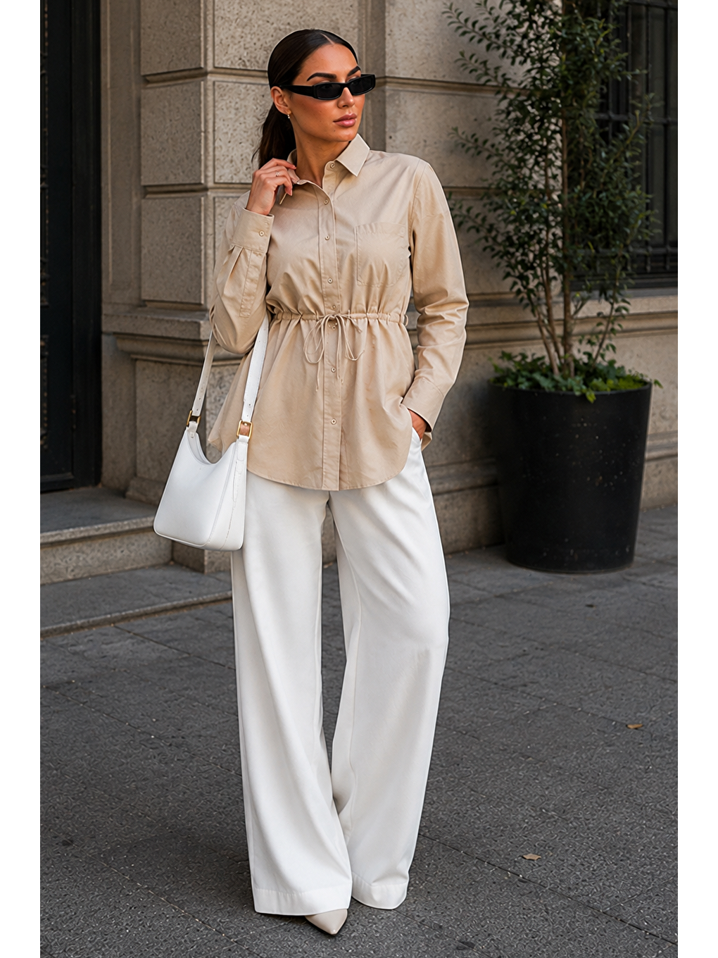Bej Belden Bağlamalı Oversize Cepli Gömlek Mg2798