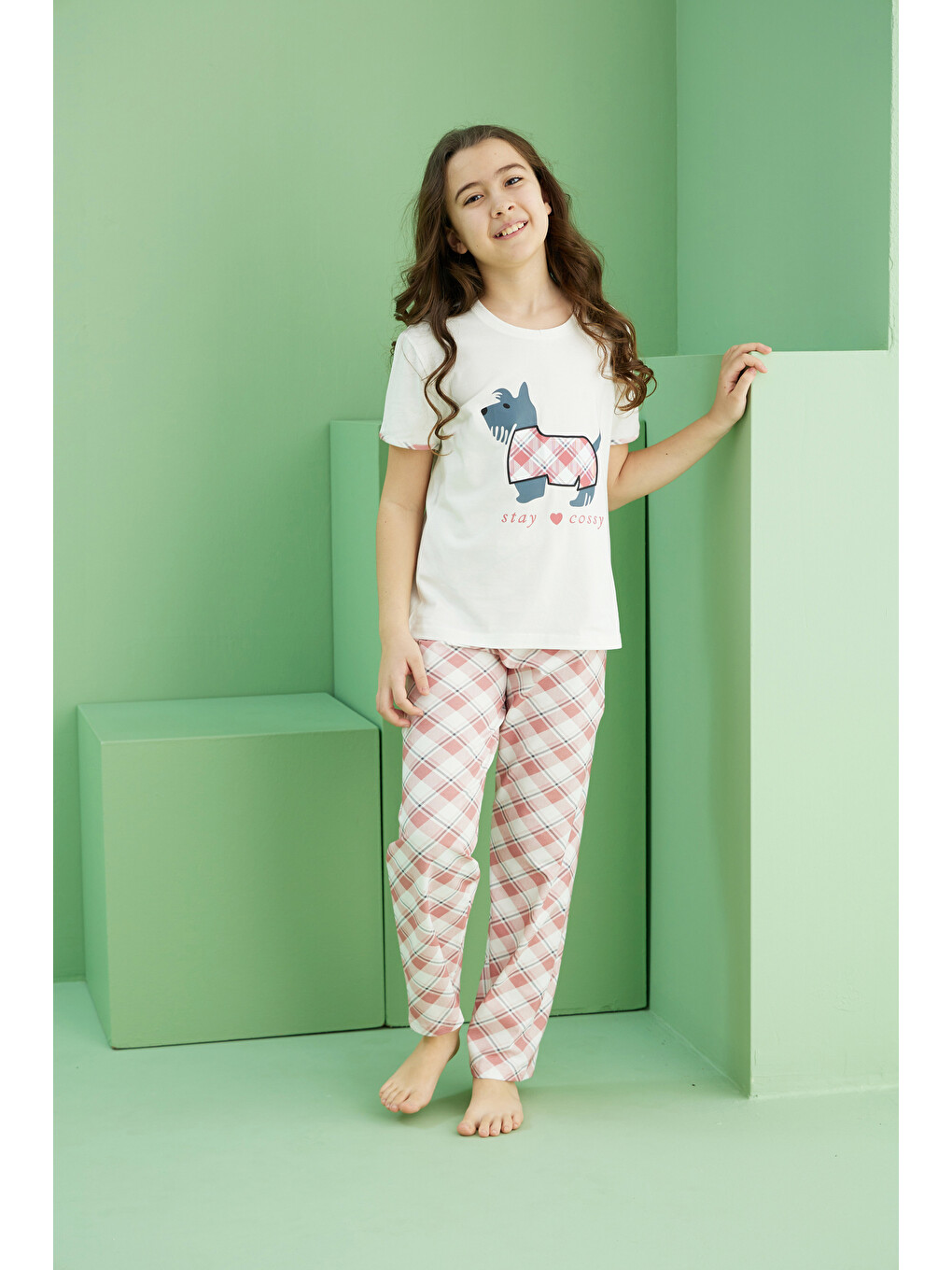 Ekru Desenli Pamuklu Bisiklet Yaka Örme Pijama Takım25117086-3