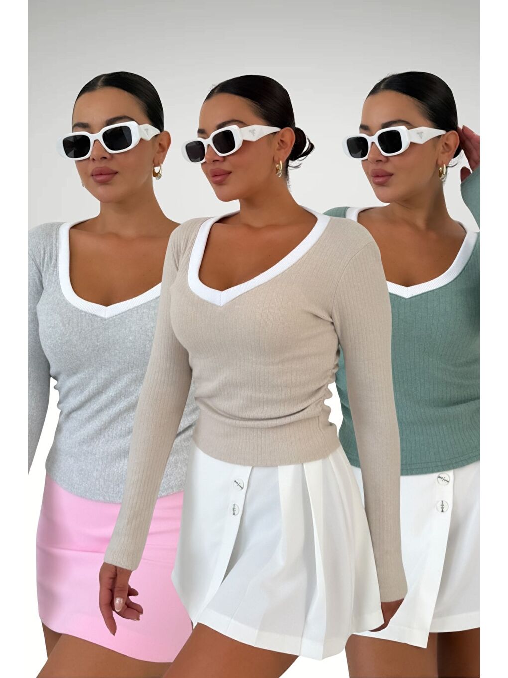 Karışık Kadın Gri Bej MintYeşil V Yakalı Biyeli Uzun Kollu İnterlok Bluz