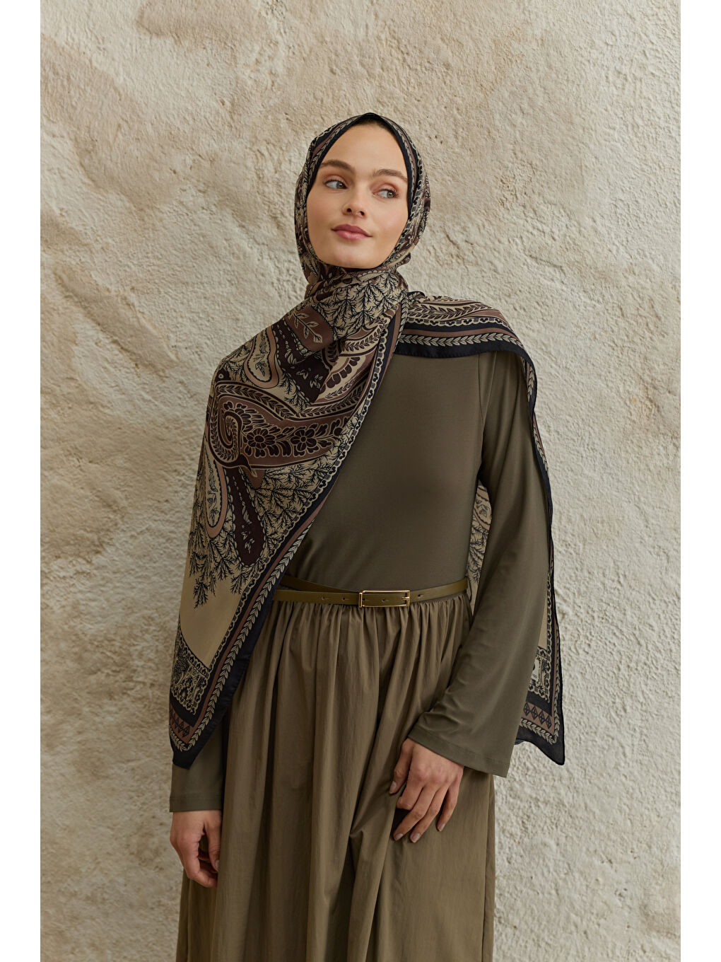 Bej Cupra Prive Desenli Şal Blossom Vizon-3