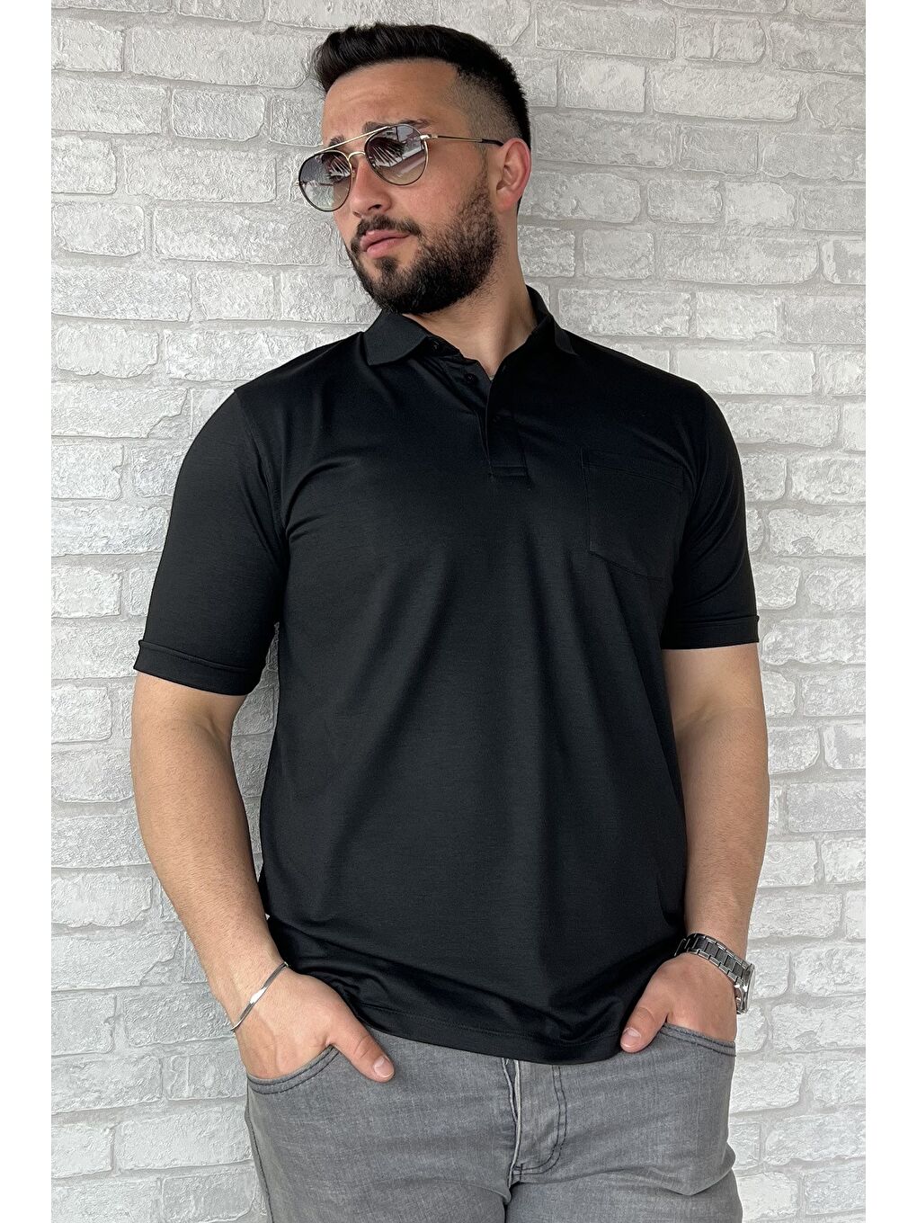 Siyah Polo Yaka Yarım Düğmeli Cepli Erkek Tişört