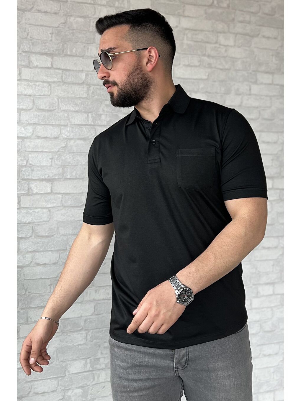 Siyah Polo Yaka Yarım Düğmeli Cepli Erkek Tişört-1