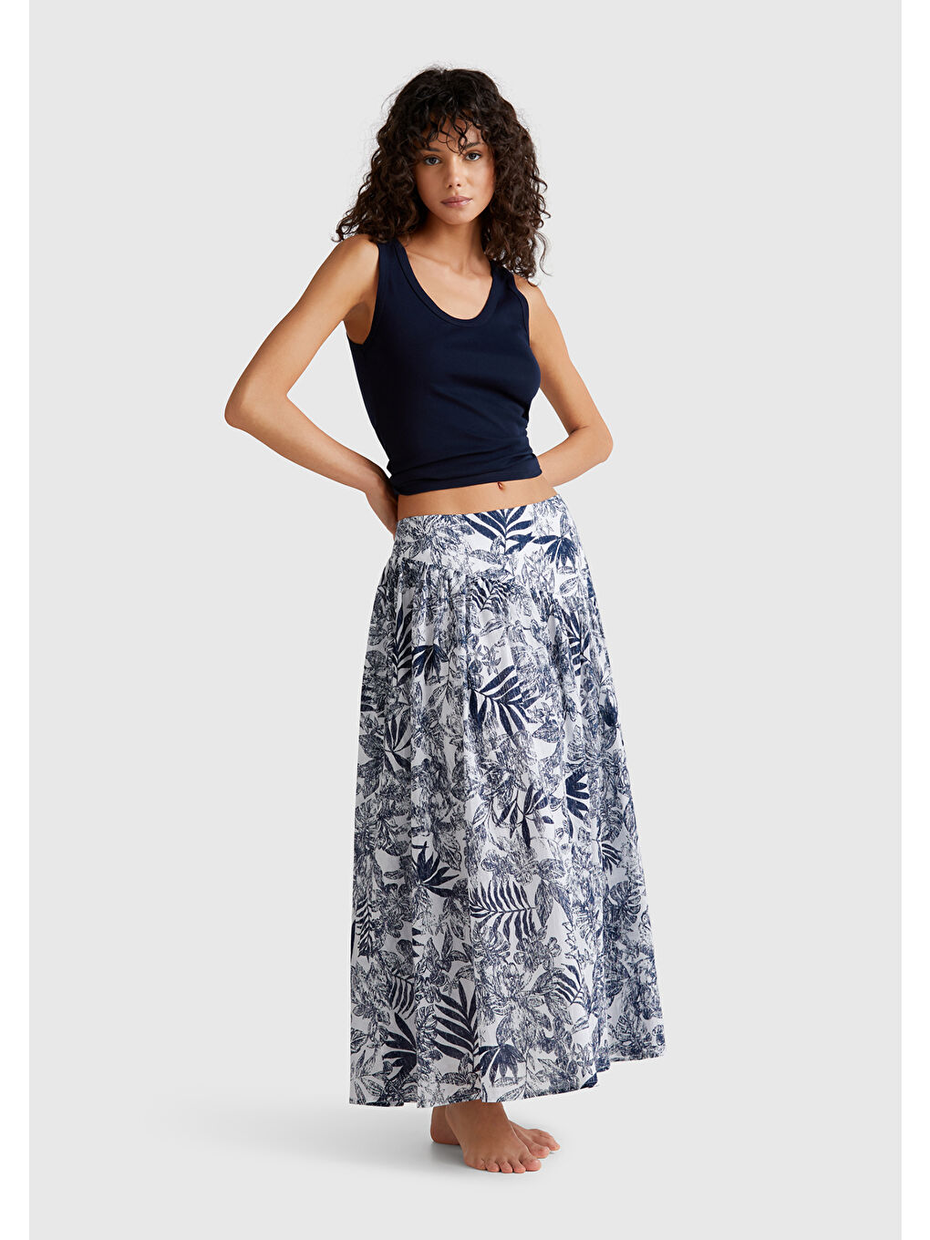 Kadın Mavi Mix %100 Pamuk Desenli Midi Boy Müslin Etek-4