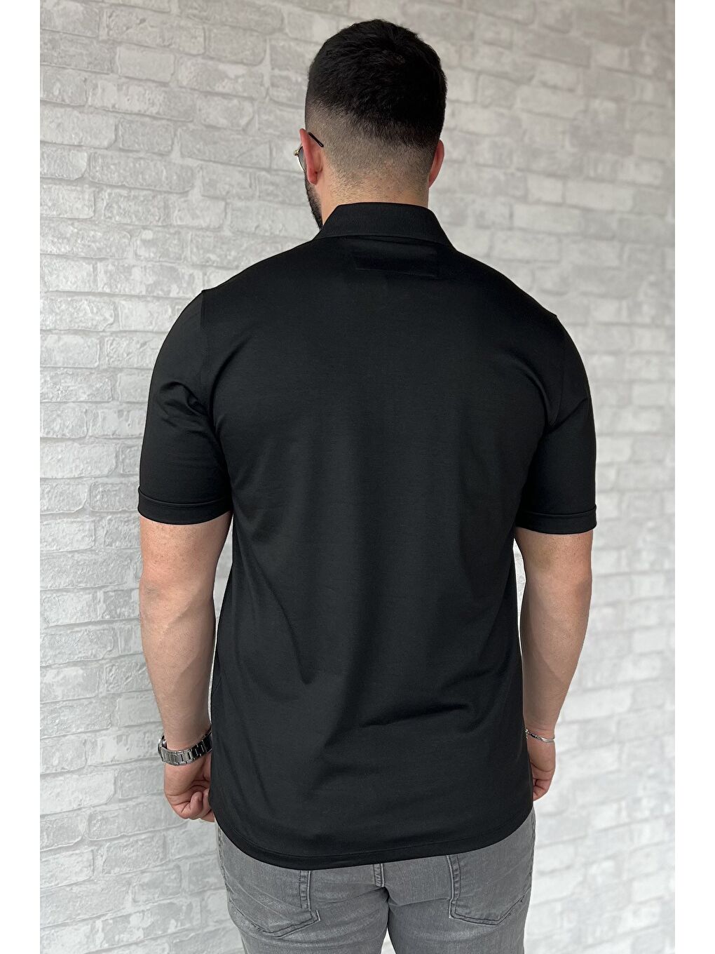 Siyah Polo Yaka Yarım Düğmeli Cepli Erkek Tişört-2
