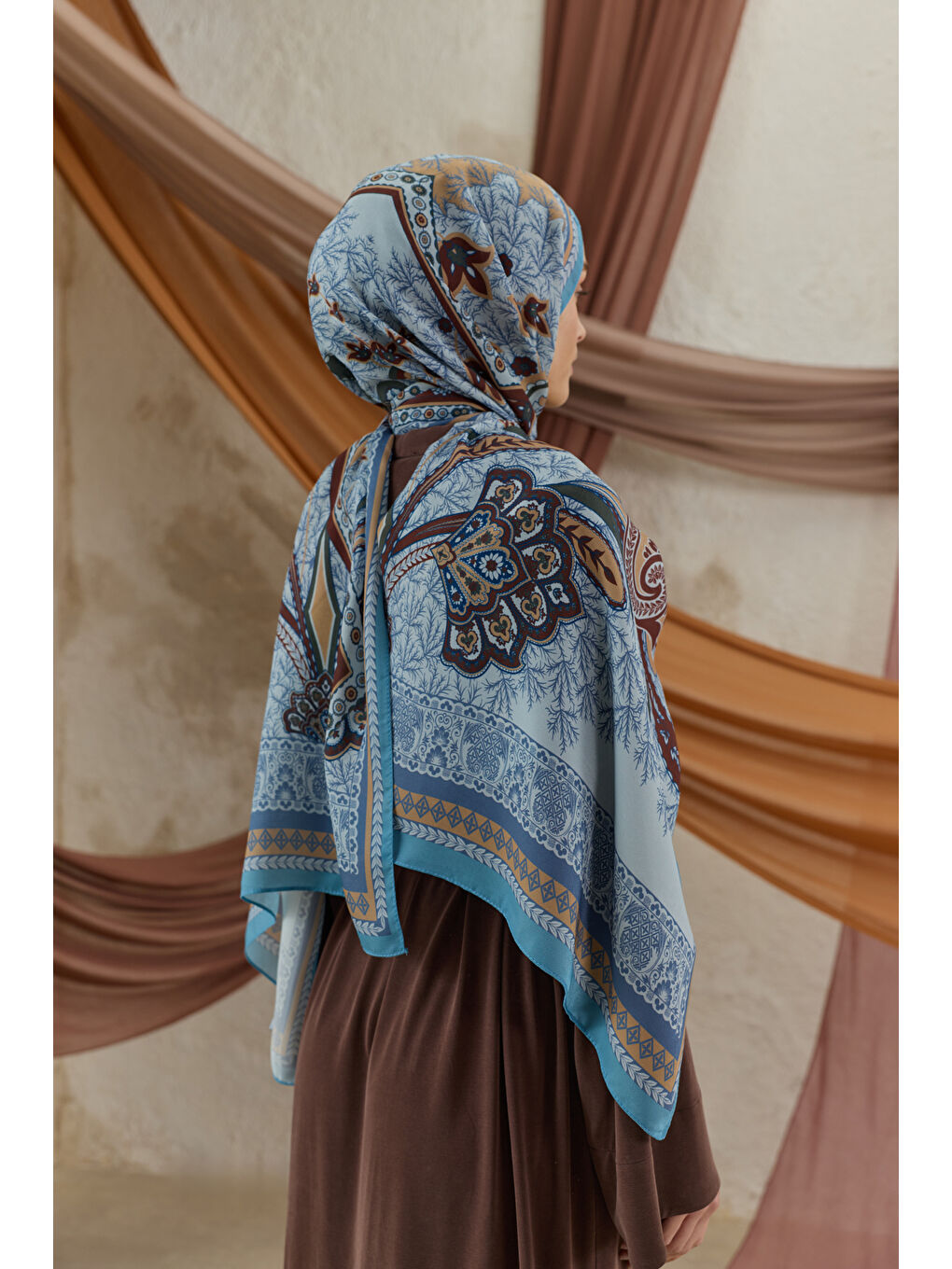 Cupra Prive Desenli Şal Blossom Turkuaz-4