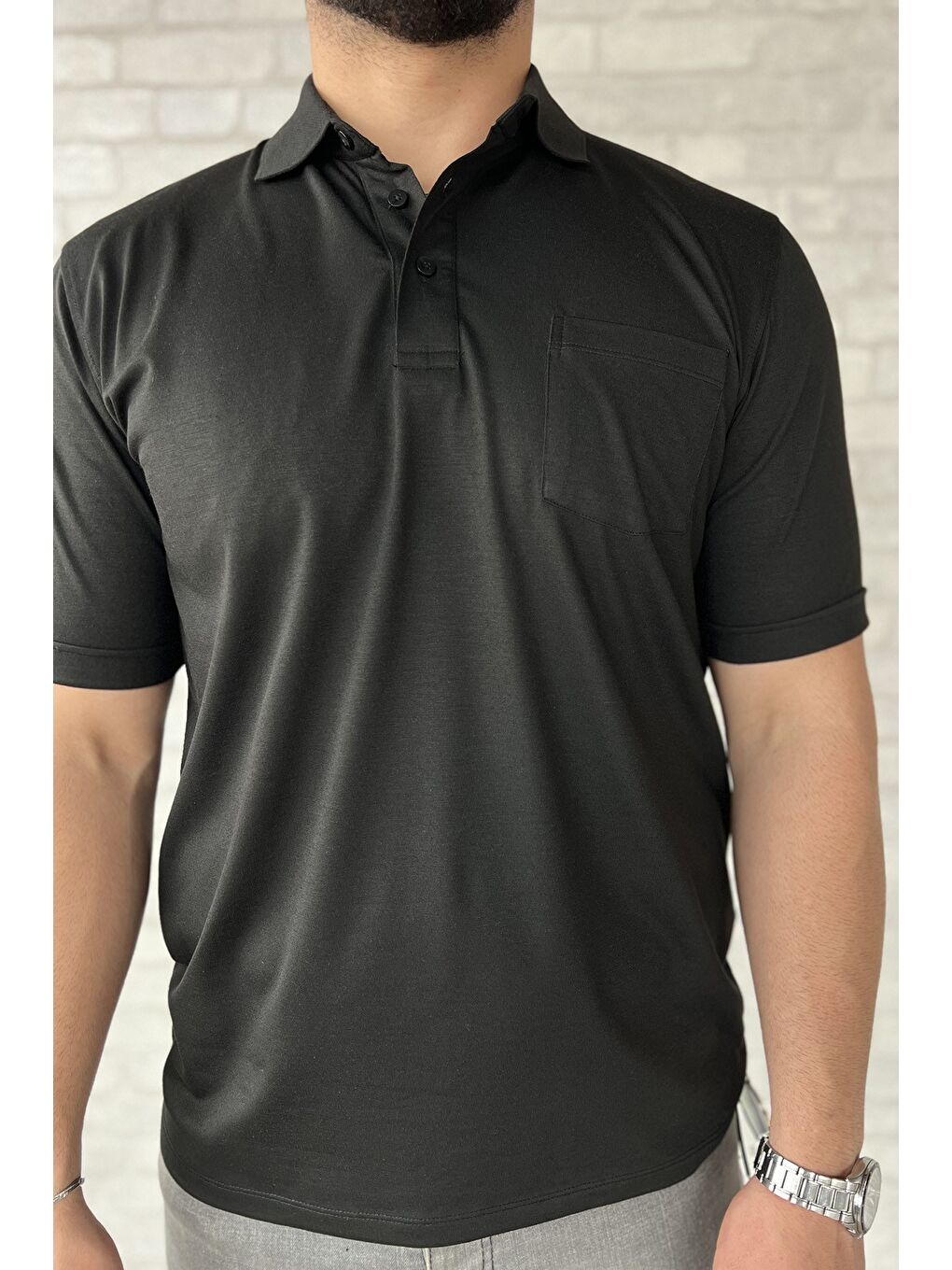 Siyah Polo Yaka Yarım Düğmeli Cepli Erkek Tişört-3
