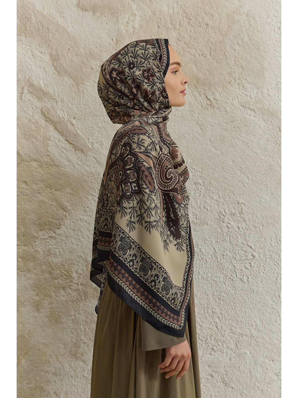Bej Cupra Prive Desenli Şal Blossom Vizon-4