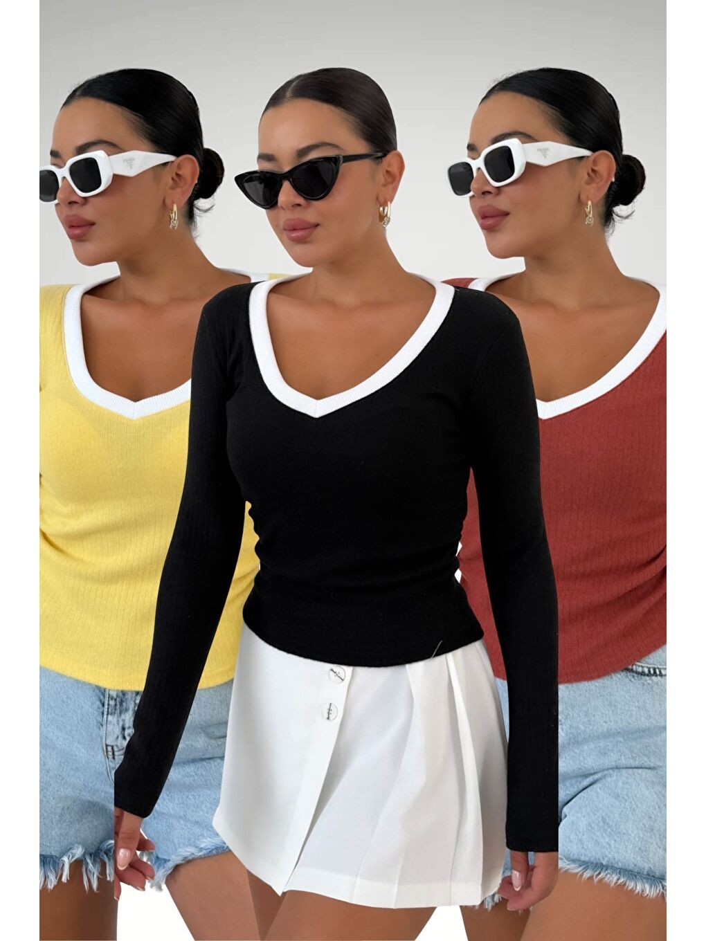 Kadın Siyah Sarı Kiremit V Yakalı Biyeli Uzun Kollu İnterlok Bluz