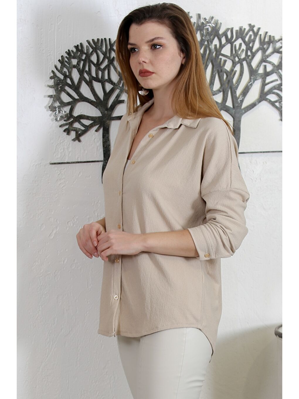 Kahverengi Camel Gömlek Yaka Uzun Kol Dokuma Casual Gömlek-4