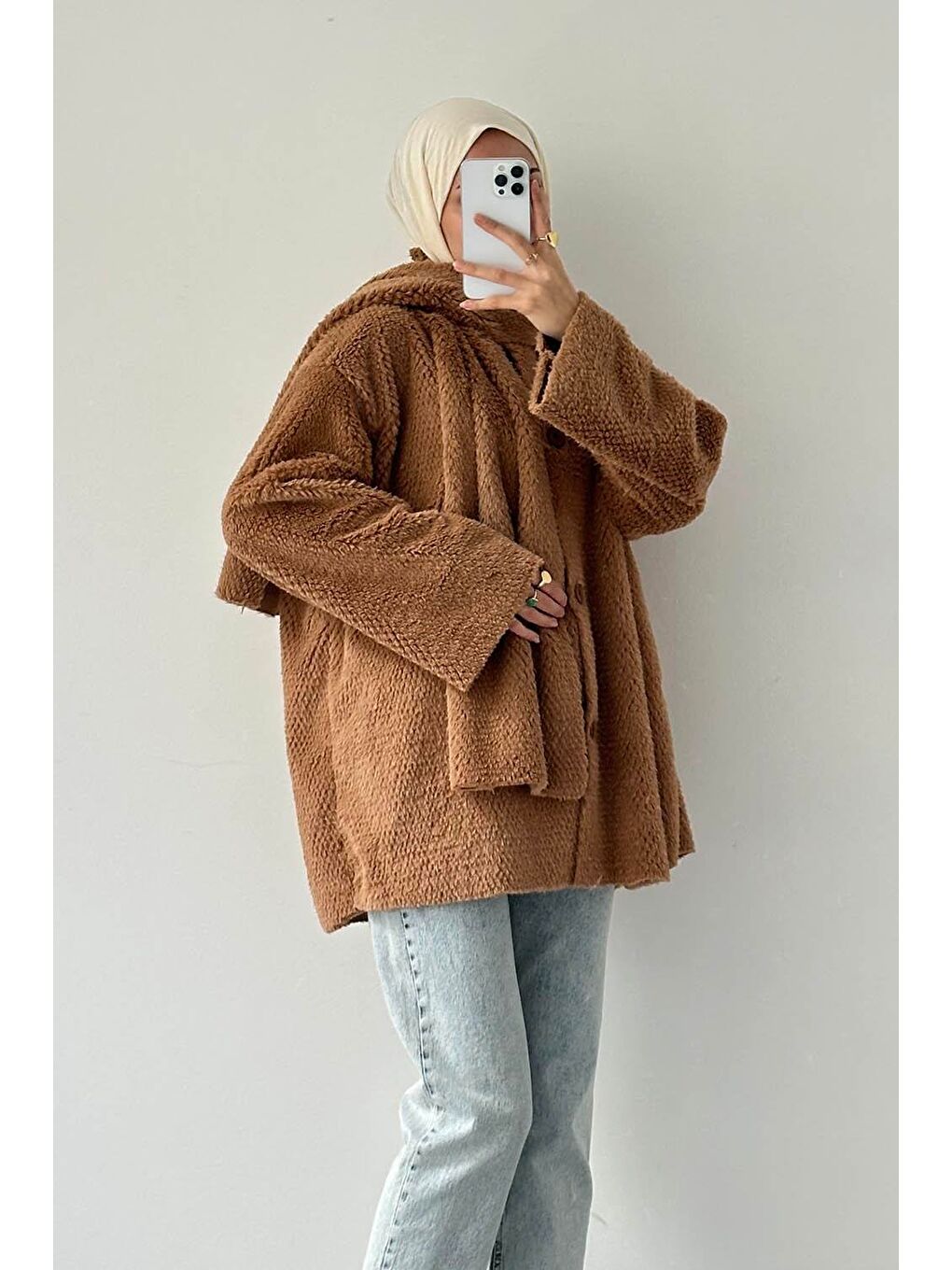 Kahverengi Pelüş Atkılı Mont Sütlü Kahve-1