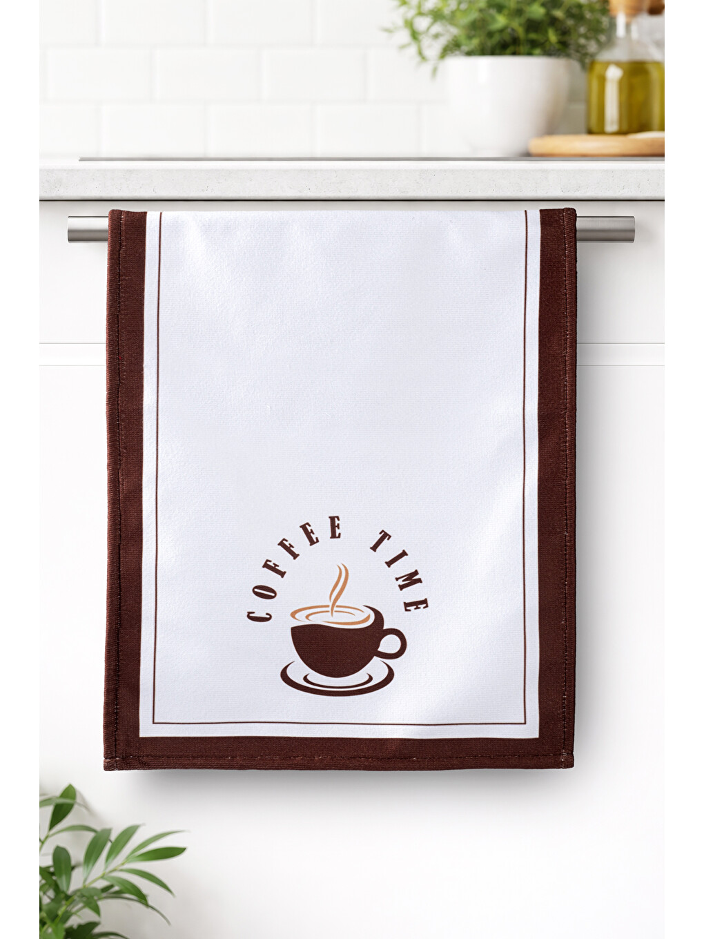 BARISTA-1 Coffee Time Desenli Kahverengi Kenarlı Mutfak Havlusu&Kurulama Bezi 35x55