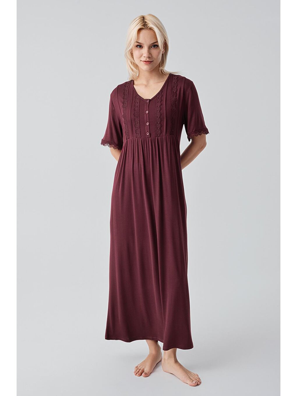 Bordo Kısa Kollu Dantelli Uzun Rahat Esnek Viskoz Gecelik19104-1