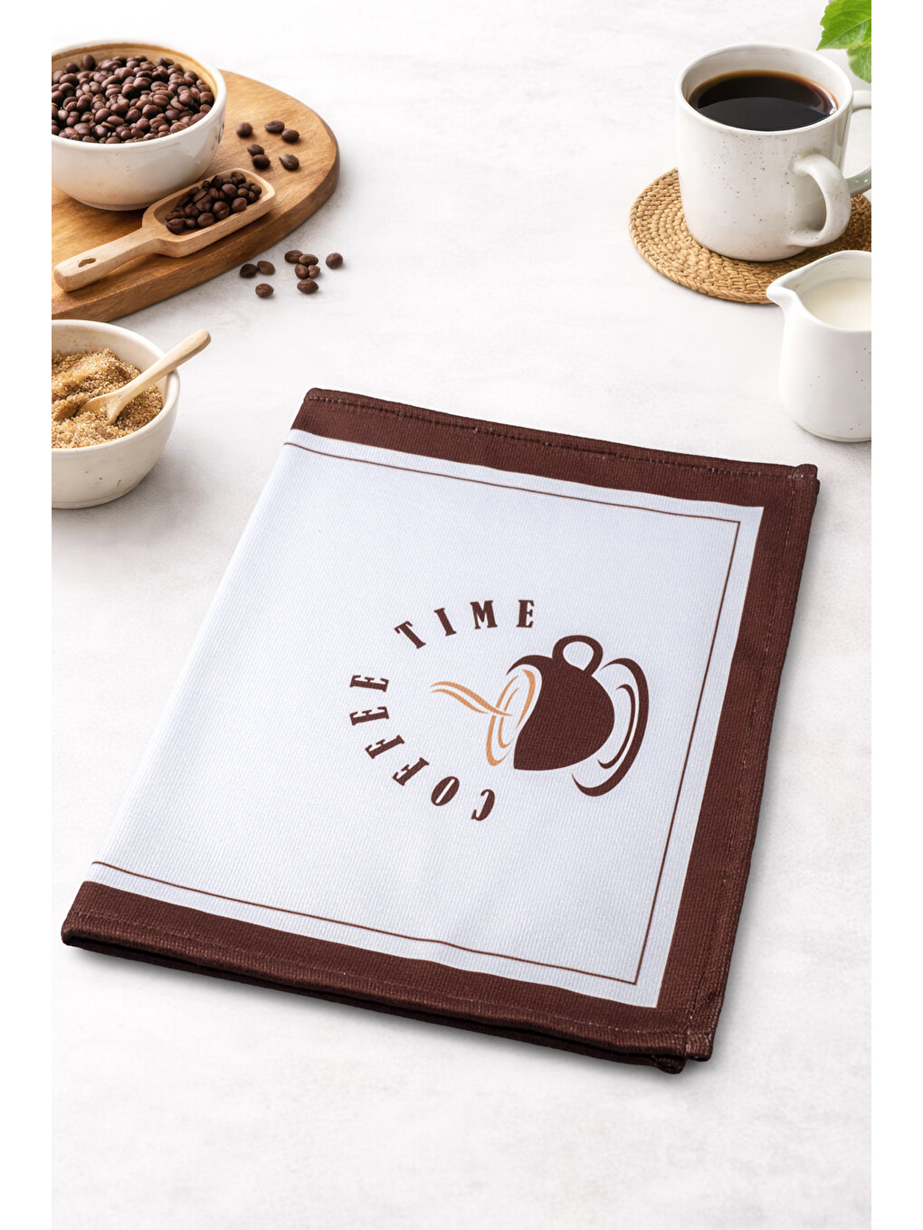 BARISTA-1 Coffee Time Desenli Kahverengi Kenarlı Mutfak Havlusu&Kurulama Bezi 35x55-1