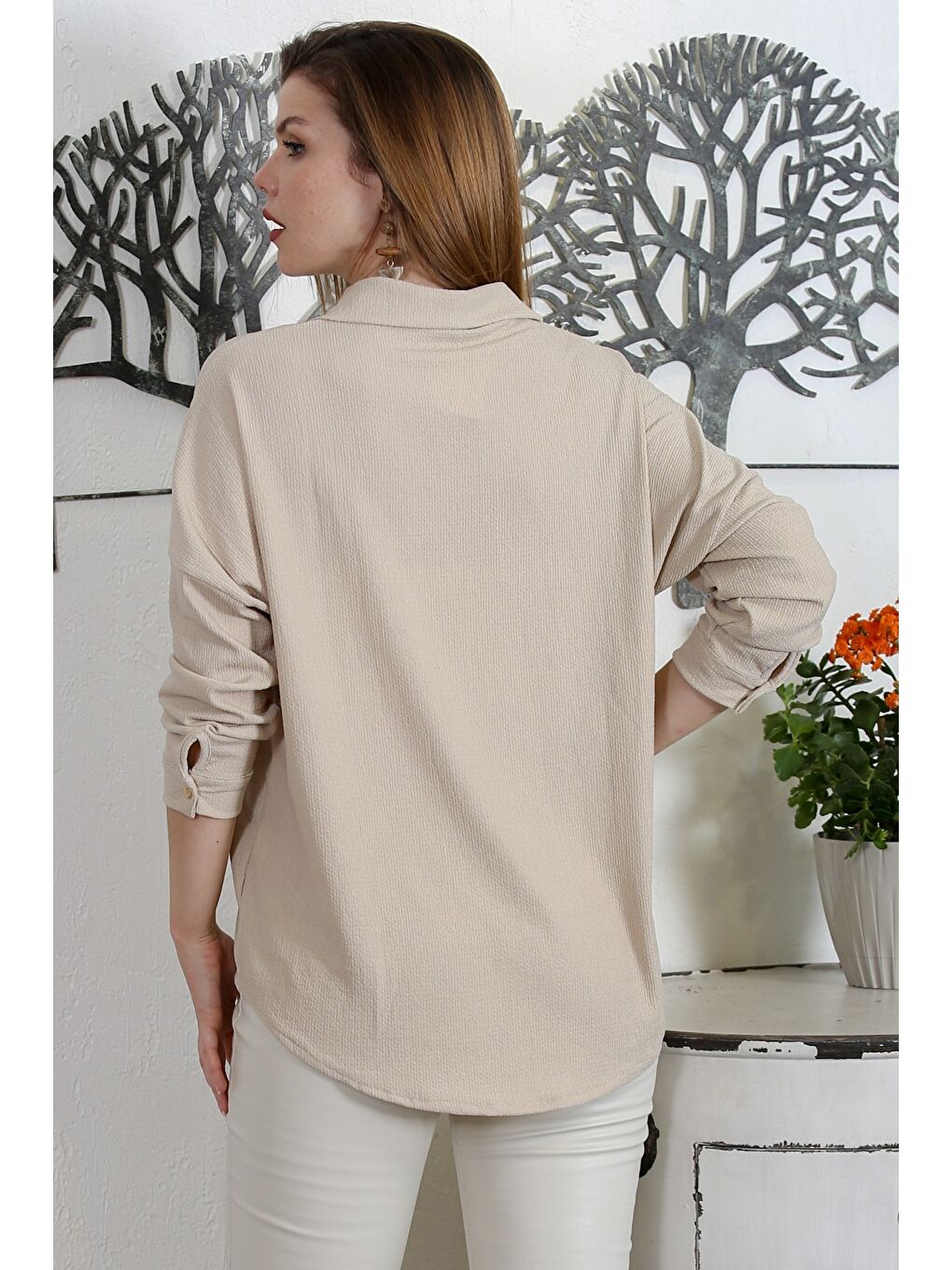 Kahverengi Camel Gömlek Yaka Uzun Kol Dokuma Casual Gömlek-5