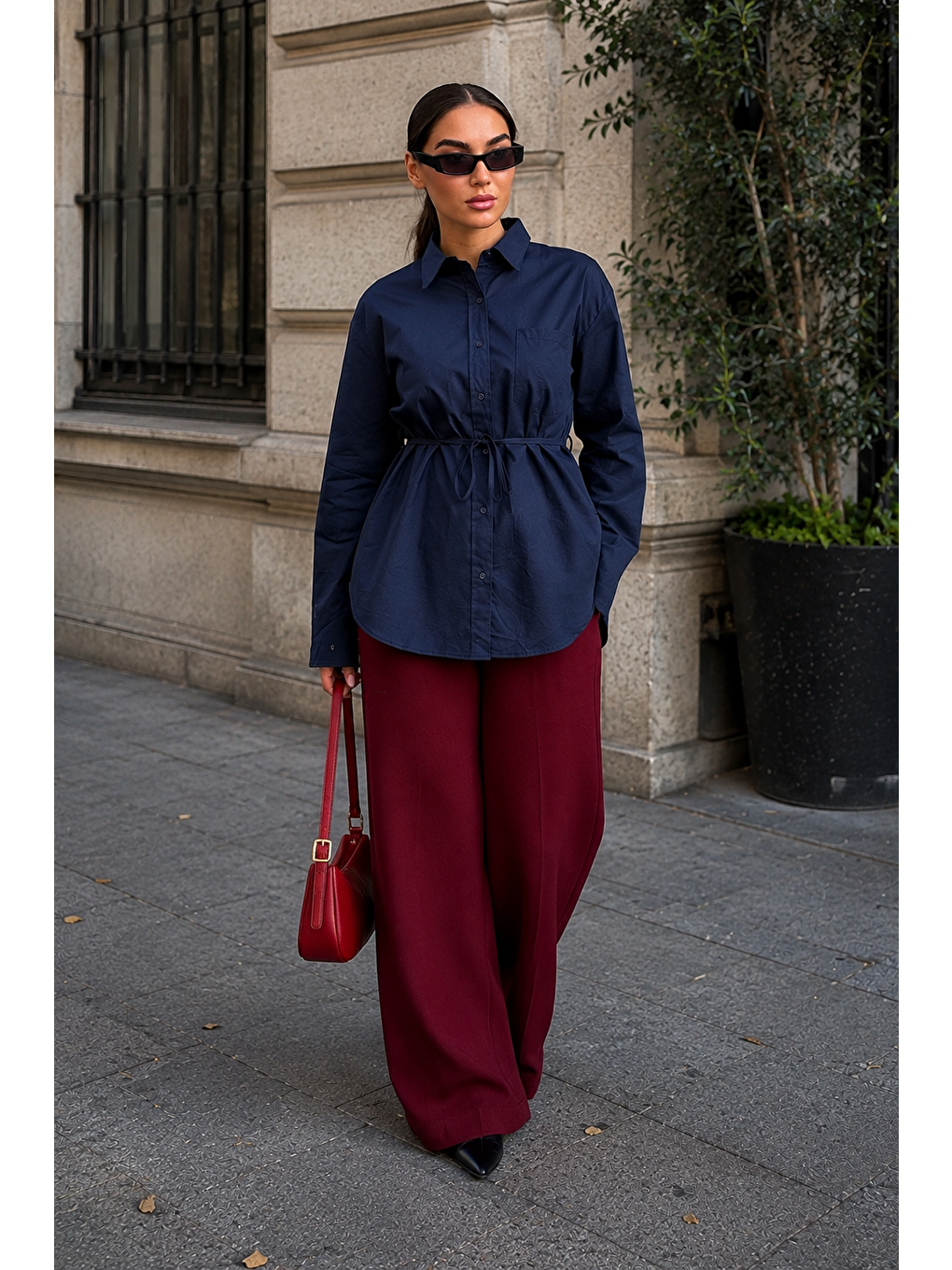 Lacivert Belden Bağlamalı Oversize Cepli Gömlek Mg2798