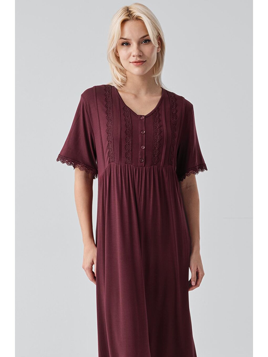 Bordo Kısa Kollu Dantelli Uzun Rahat Esnek Viskoz Gecelik19104-3