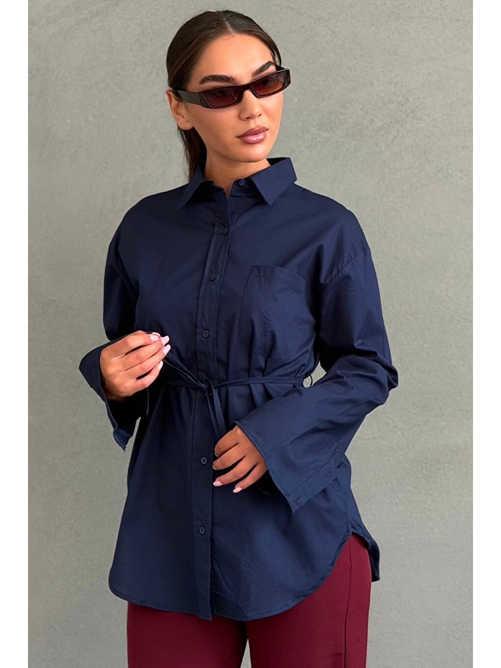 Lacivert Belden Bağlamalı Oversize Cepli Gömlek Mg2798-1