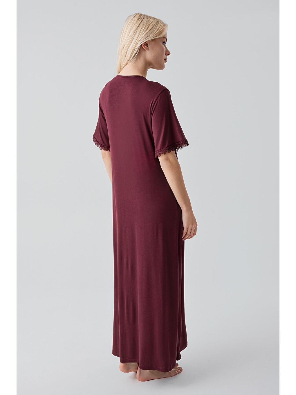 Bordo Kısa Kollu Dantelli Uzun Rahat Esnek Viskoz Gecelik19104-4