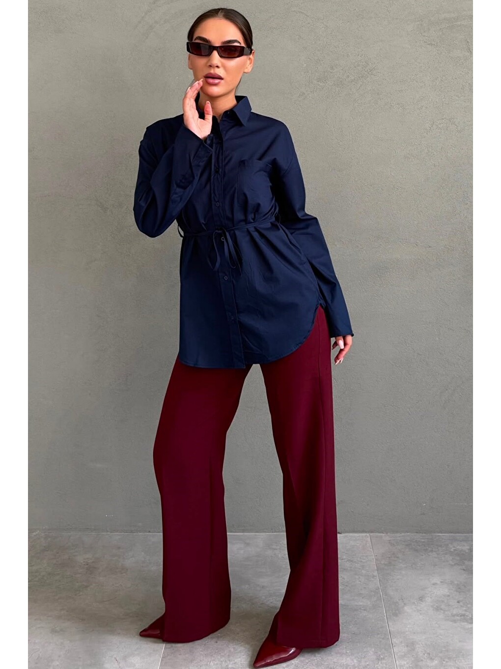 Lacivert Belden Bağlamalı Oversize Cepli Gömlek Mg2798-2